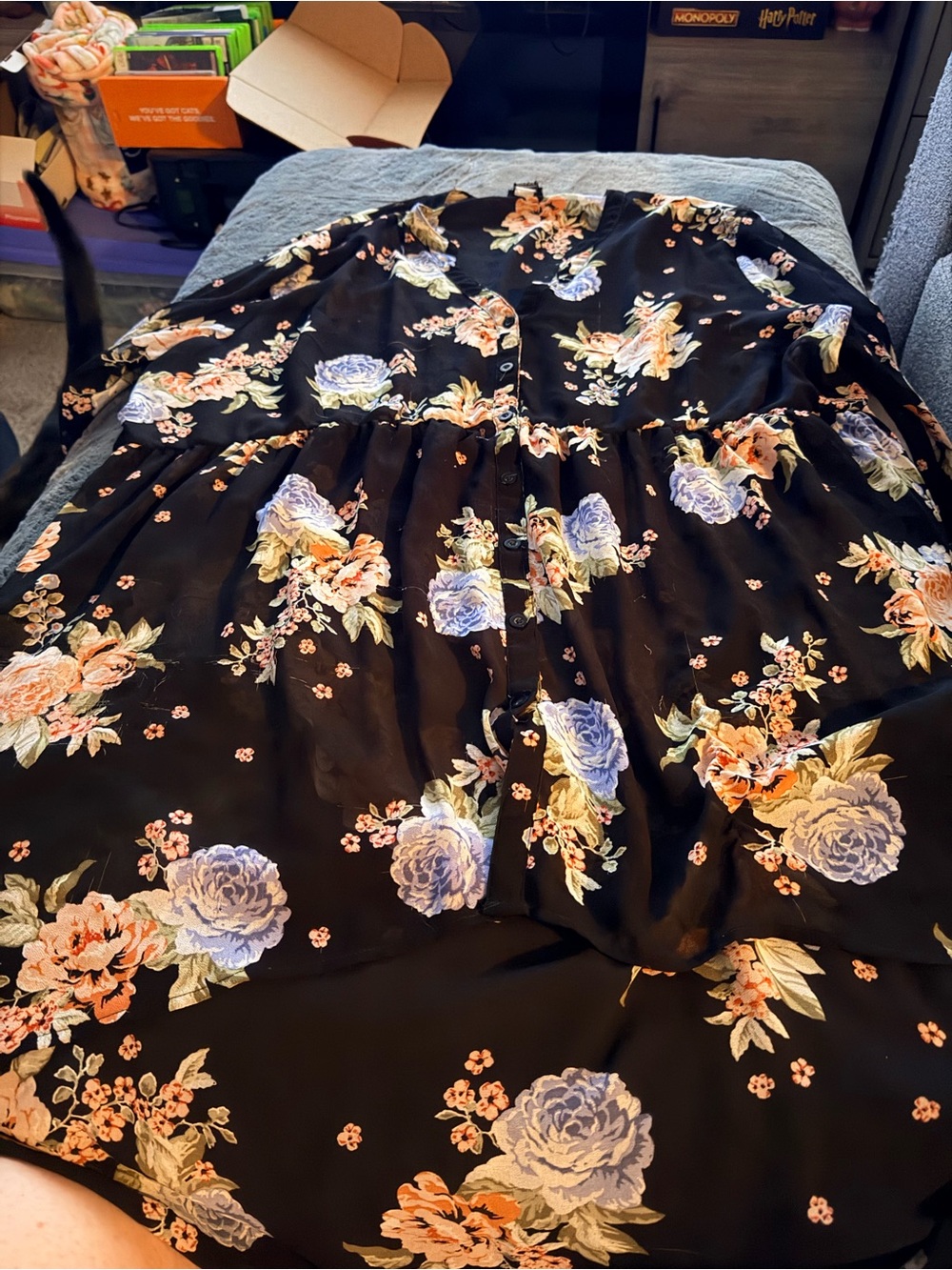 torrid Black Floral Button-Front Tiered Blouse with Lavender and Peach Roses